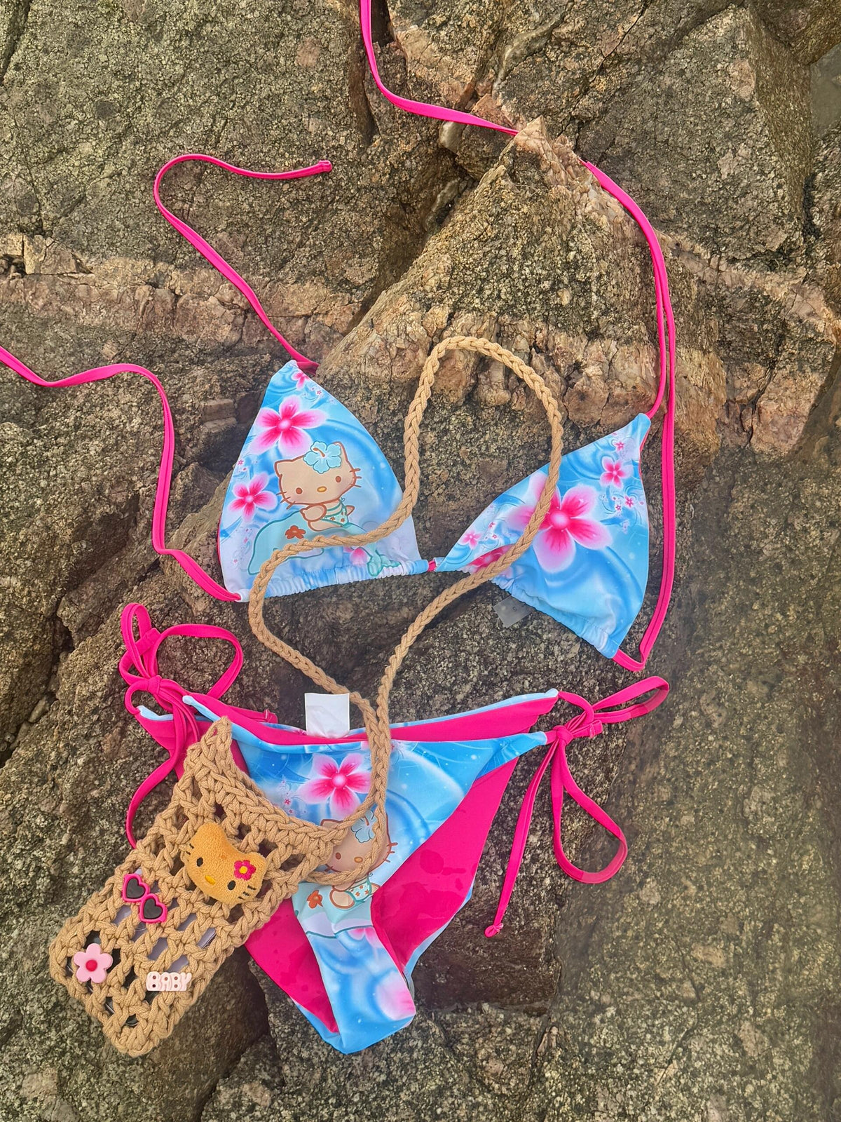 Tan Hellokitty Dolphin Blue Halter Tie Side Triangle Bikini Set