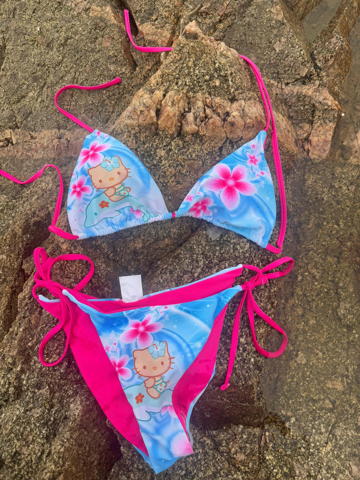 Tan Hellokitty Dolphin Blue Halter Tie Side Triangle Bikini Set