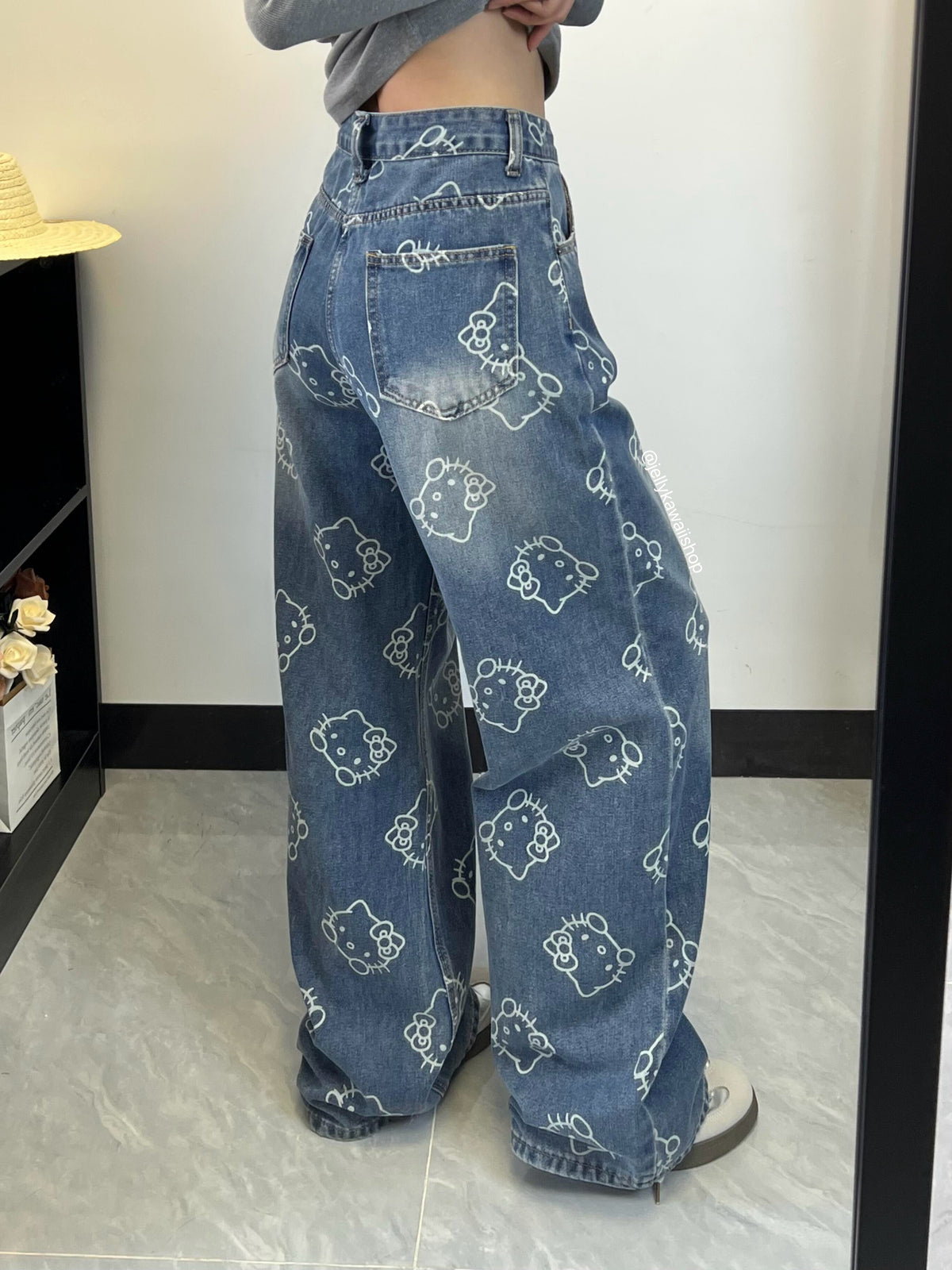 Hellokitty Embroidery Wide Leg Jeans High Waist Baggy Jeans Denim Pants