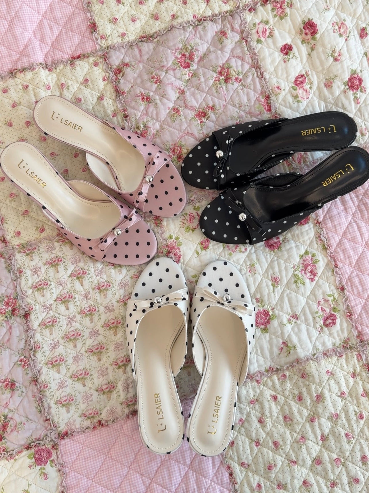 Girly Bow Polk Dot Kitten Heel Sandals Slip On Slides Mule Sandal Open Toe Dress Shoes