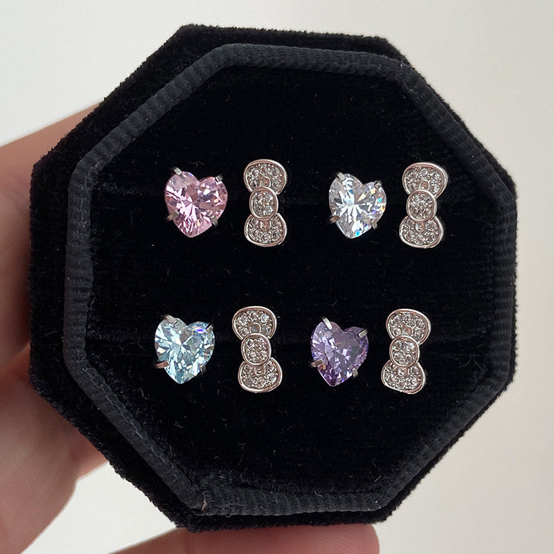 Rhinestone Bow Heart Hello Kitty Helix Earrings