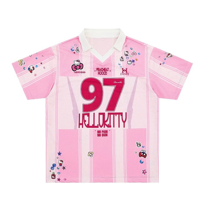 Hellokitty Jersey Shirts for Women V Neck Tshirt Striped Number Graphic Shirt Casual Y2k Streetwear Tee Tops