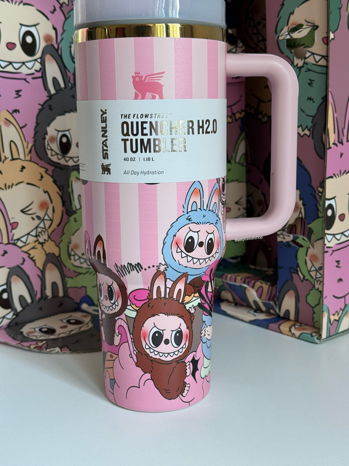 LABUBU Pink Stripe In-Car Insulated Cup 1200 ml Tumbler with Handle Stainless Steel Insulated Cup with Lid (Gift box）