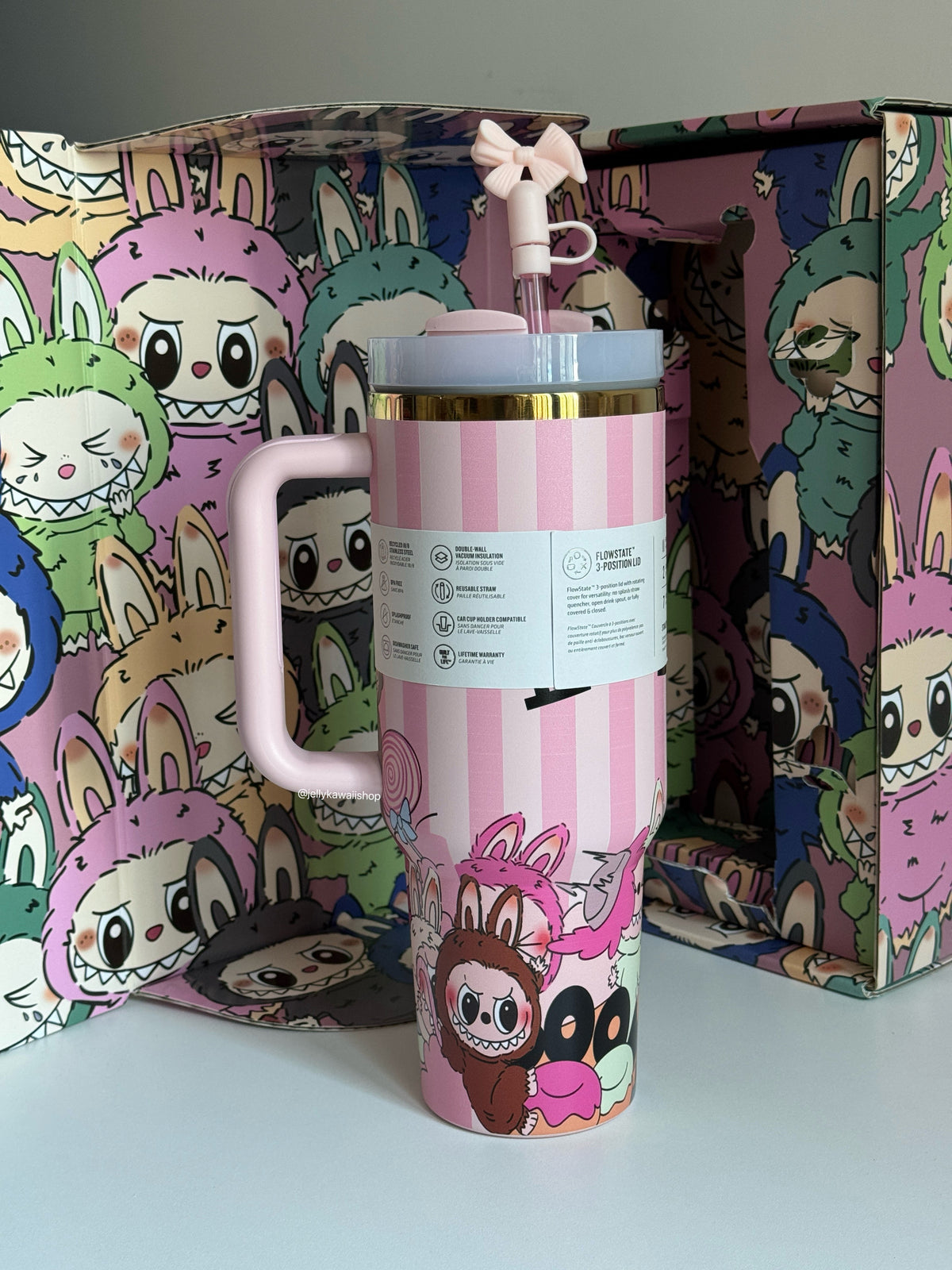 LABUBU Pink Stripe In-Car Insulated Cup 1200 ml Tumbler with Handle Stainless Steel Insulated Cup with Lid (Gift box）