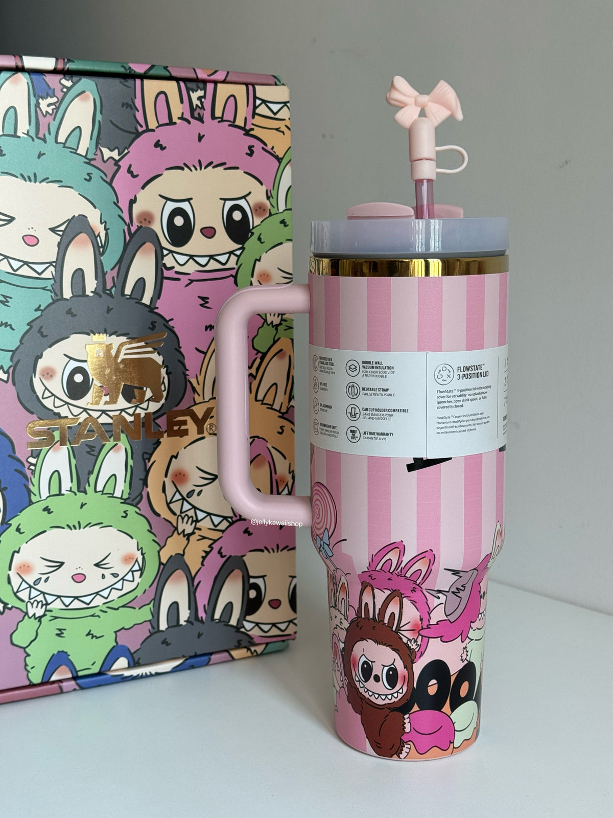 LABUBU Pink Stripe In-Car Insulated Cup 1200 ml Tumbler with Handle Stainless Steel Insulated Cup with Lid (Gift box）
