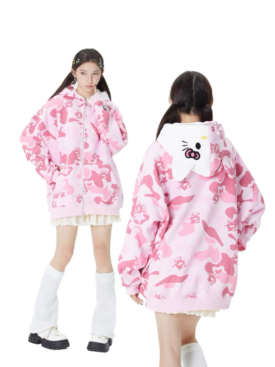 Hellokitty Camouflage Drawstring Zip Up Oversized Hoodies Jacket