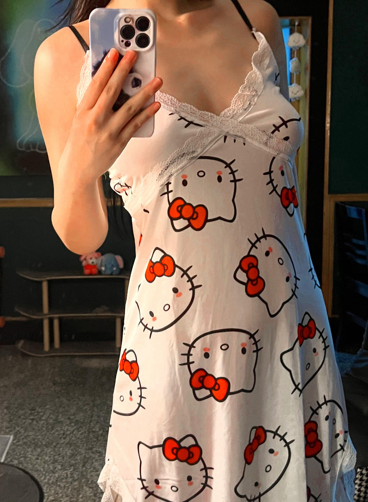 Hellokitty Night Gown V-Neck Full Slip Lingerie Sexy Nightgowns