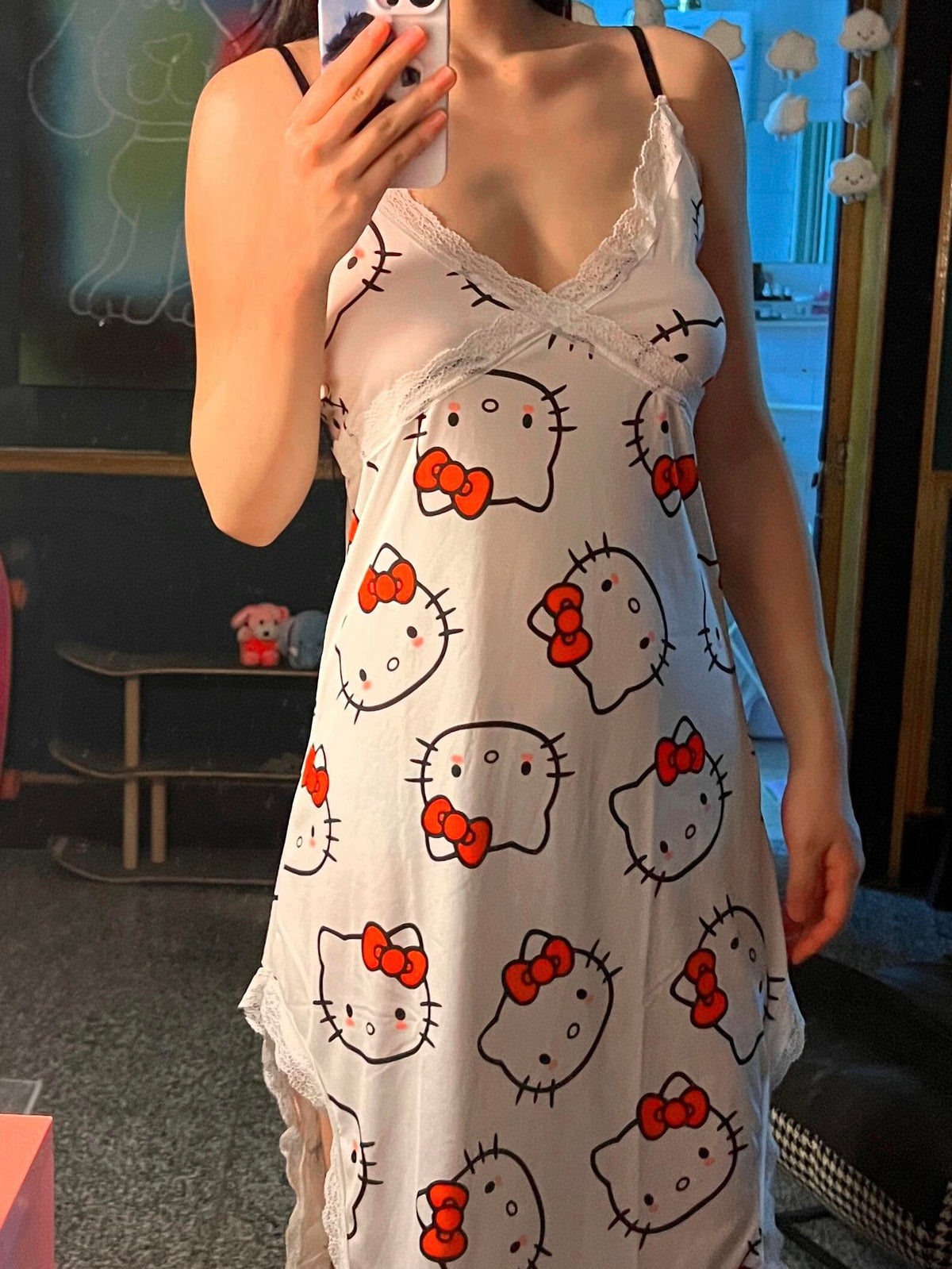 Hellokitty Night Gown V-Neck Full Slip Lingerie Sexy Nightgowns