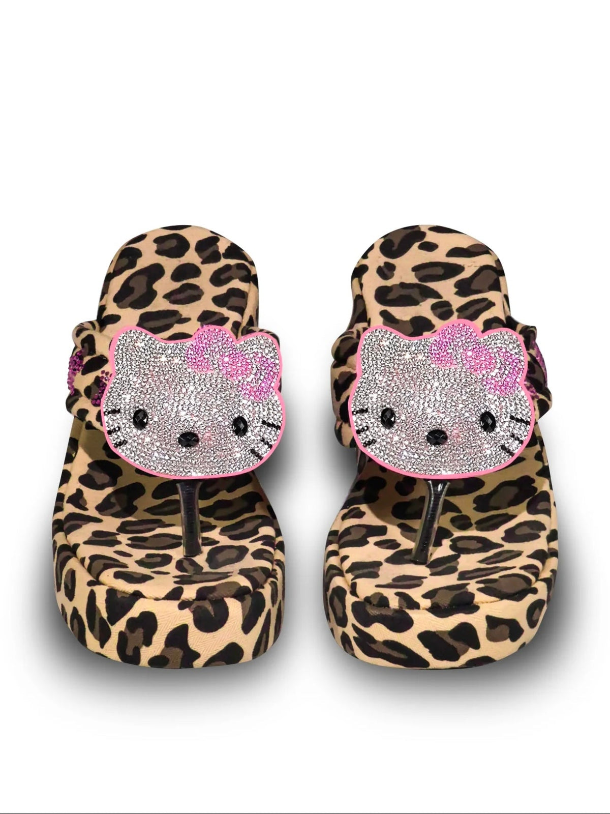 Hellokitty Handmade Rhinestone Leopard Print Paltfrom Sandals Flip Flops
