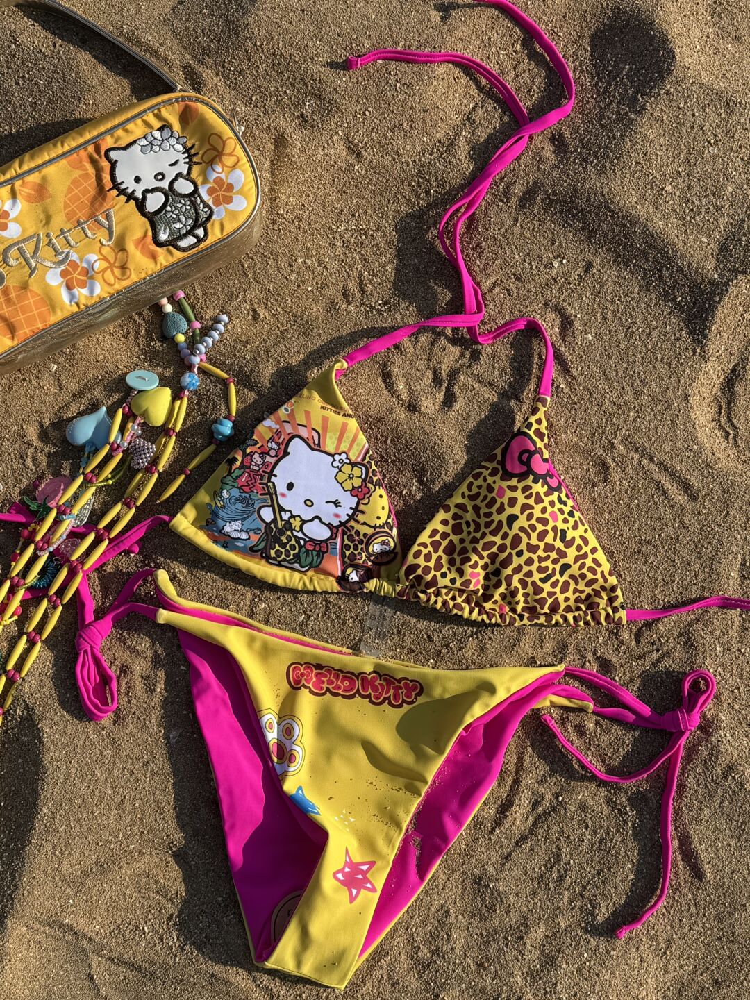 Hellokitty Yellow Leopard Print Halter Tie Side Triangle Bikini Set